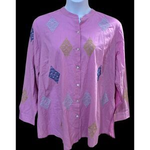 Pink Button-Down Embroidered Diamond Motif plus size grannycore  cottage core